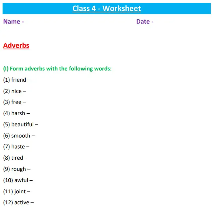 Adverbs Worksheet For Class 5 With Answers