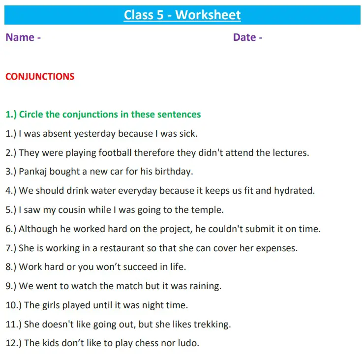 And Conjunction Worksheet For Class 1