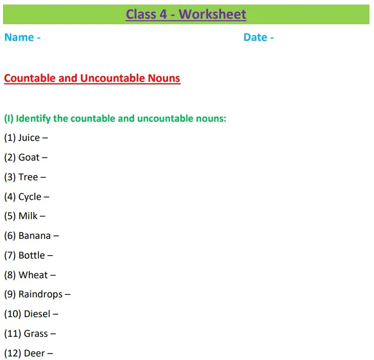 countable-and-uncountable-nouns-class-4-worksheet