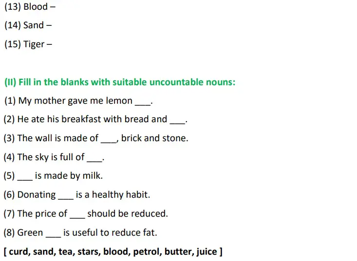 Countable And Uncountable Nouns Class 4 Worksheet