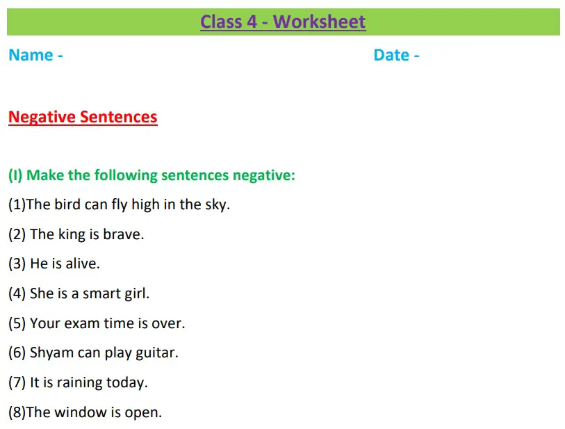 Negative Sentences Class 4 Worksheet Fill In The Blanks Change The Imperative Sentences Into 