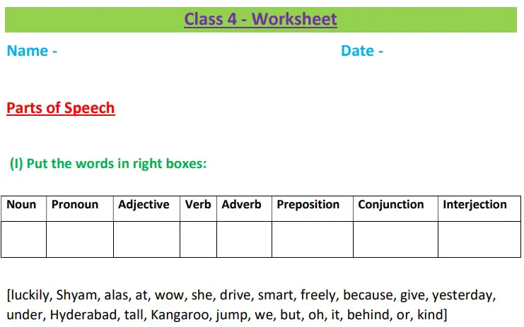 part of speech worksheet grade 4
