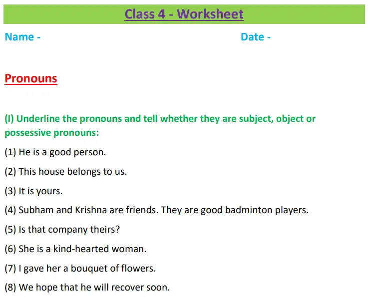 Pronouns Worksheets Grade 4 With Answers