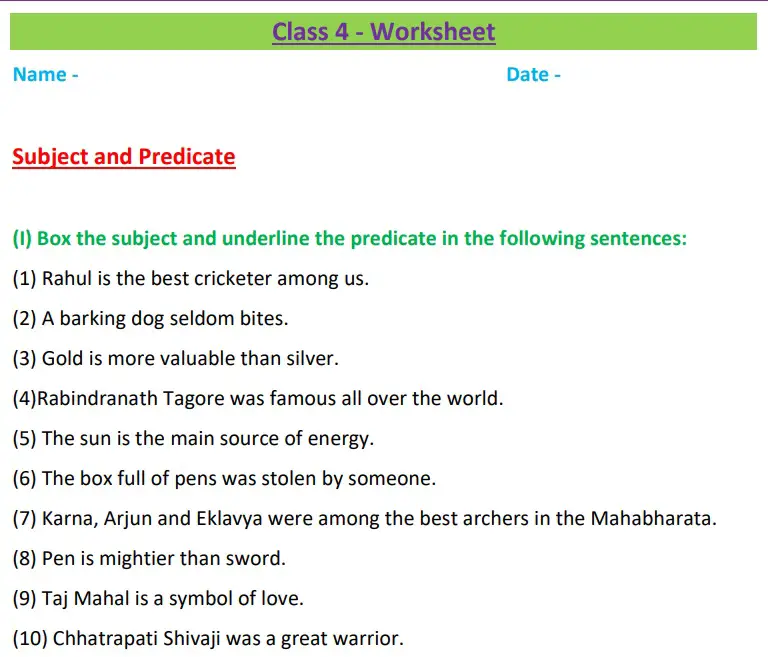 Subject And Predicate Class 4 Worksheet Underline The Predicate Supply 