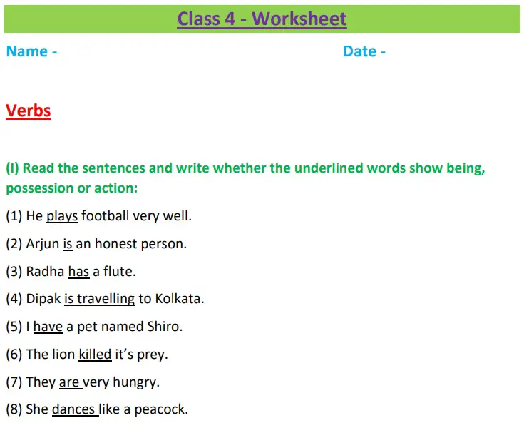 Live Worksheet Of Verbs Class 4